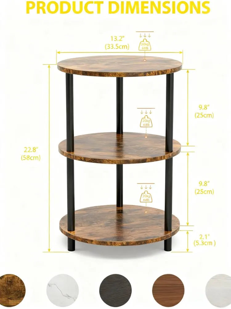 3-Tier Round End Table – Narrow Accent Table, Rustic Brown for Bedroom & Small Spaces