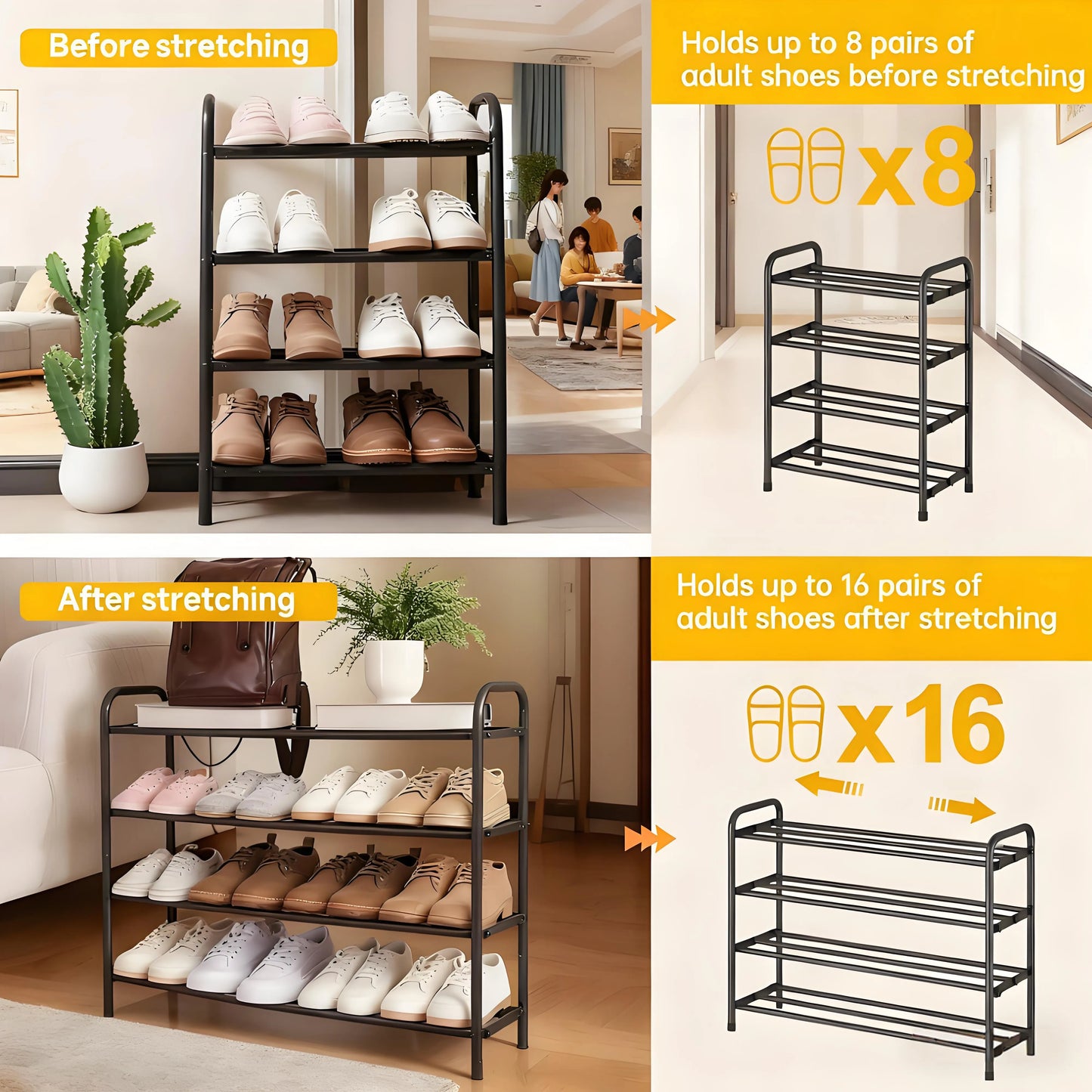 Adjustable Shoe Rack – 4-Tier, 17.6"-32", Expandable Metal Shelf for Closet & Hallway