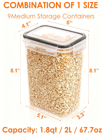 Airtight BPA-Free Food Containers, 9-Piece 2L Set with 24 Labels for Dry & Fresh Food