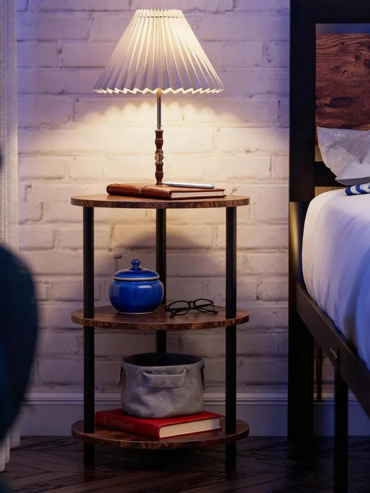 3-Tier Round End Table – Narrow Accent Table, Rustic Brown for Bedroom & Small Spaces