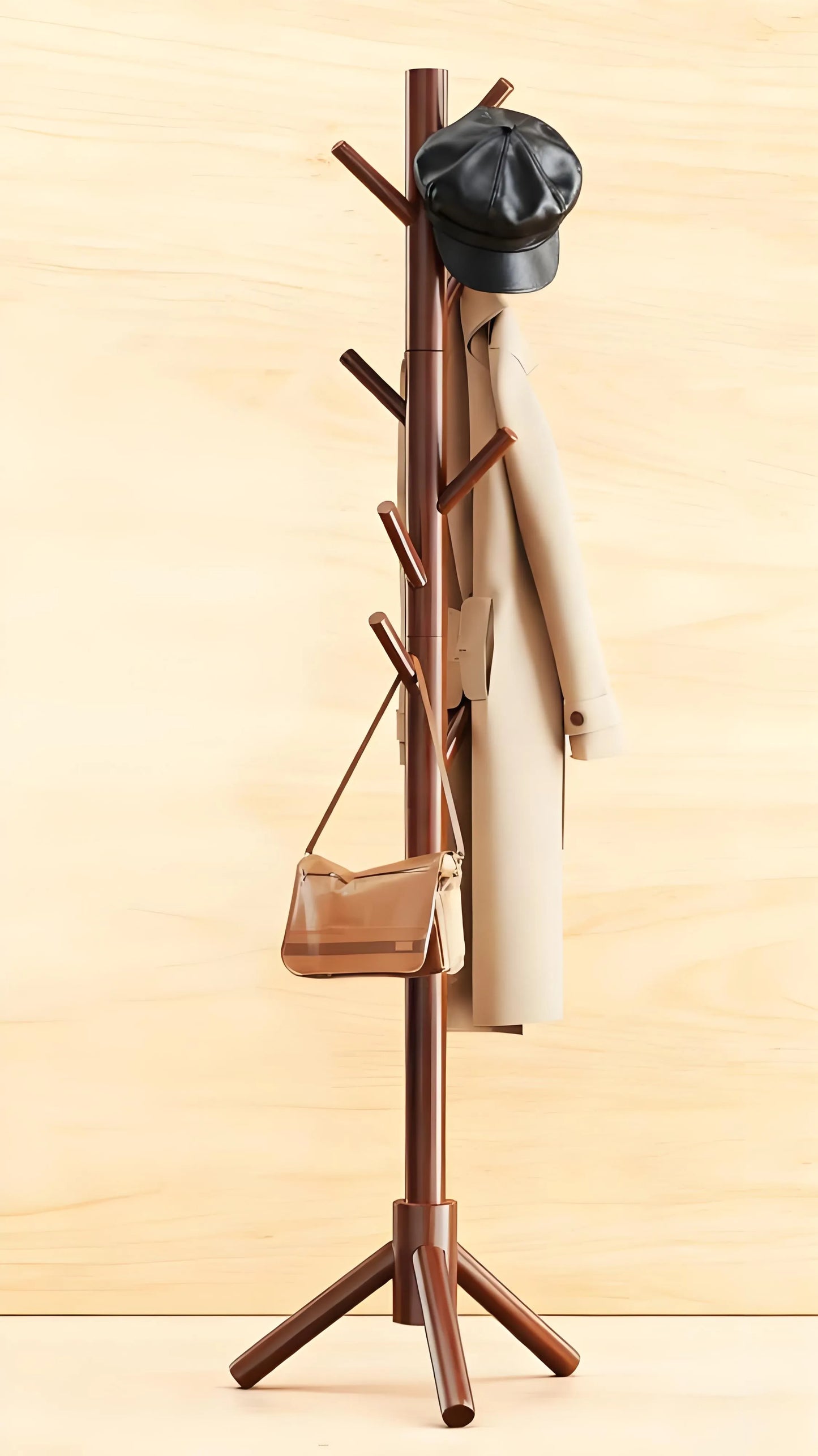 Wood Coat Tree – 8 Hooks, Adjustable, Ideal for Entryway, Bedroom & Office Use