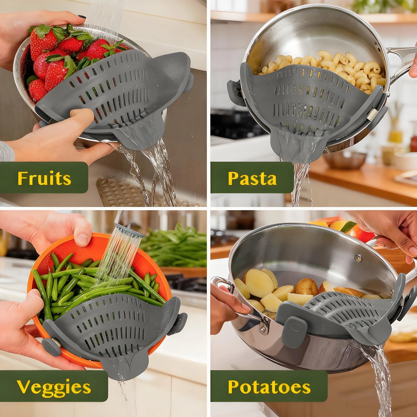 Snap-On Pasta Strainer – Heat Resistant, Space-Saving Colander for Pots & Pans