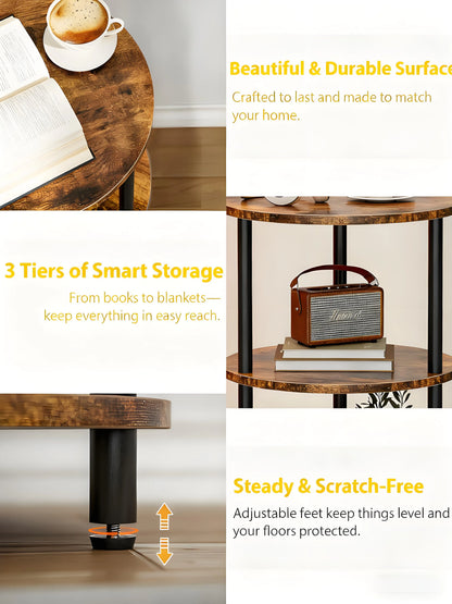 3-Tier Round End Table – Narrow Accent Table, Rustic Brown for Bedroom & Small Spaces