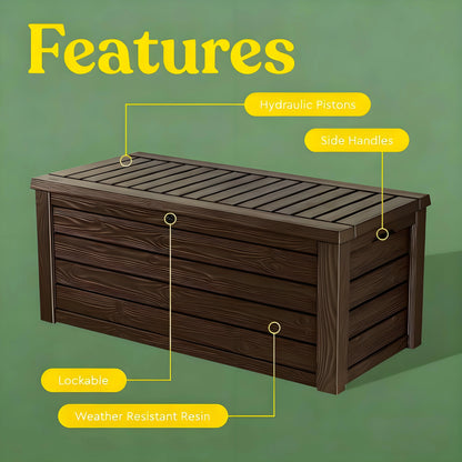 Outdoor Storage & Bench Box – 150 Gallon, Lockable Lid, Durable Resin, Brown