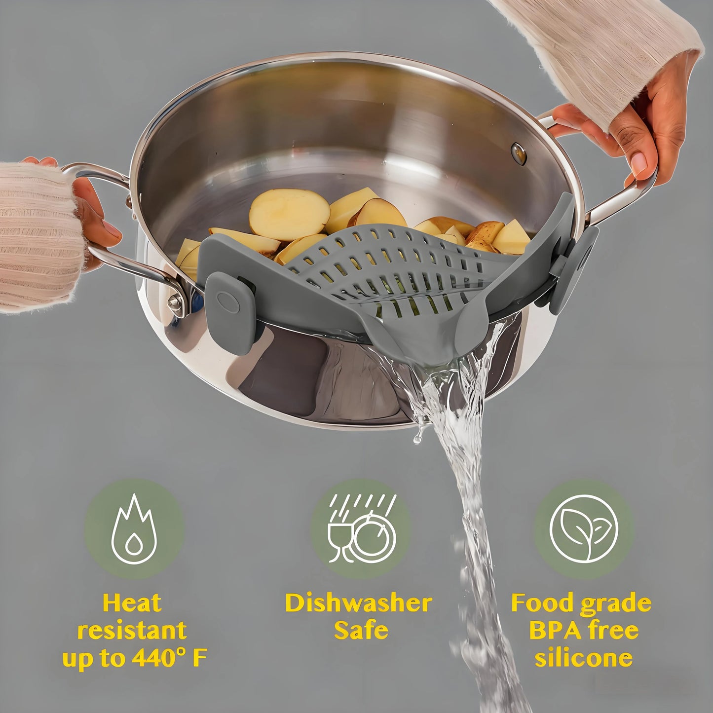 Snap-On Pasta Strainer – Heat Resistant, Space-Saving Colander for Pots & Pans