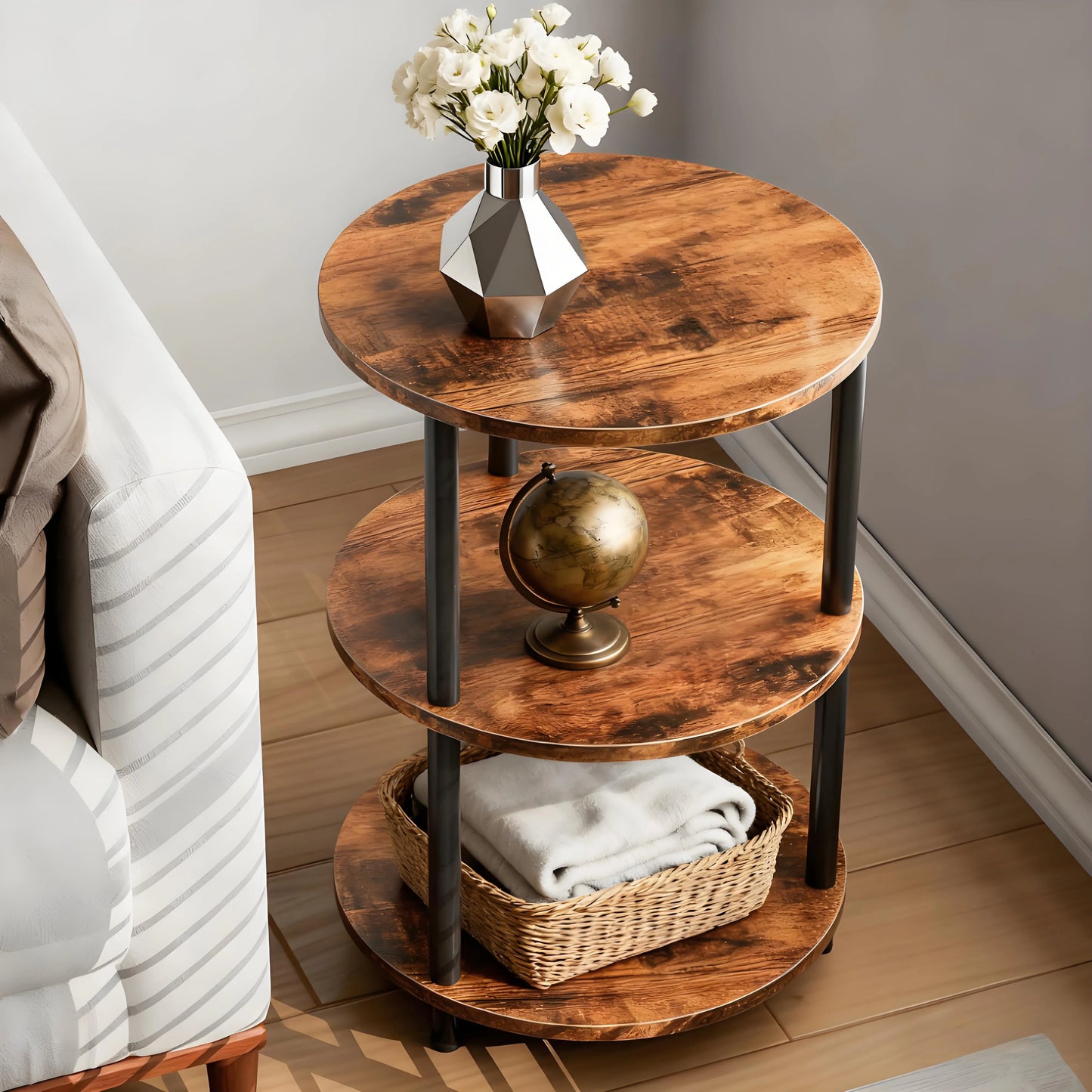 3-Tier Round End Table – Narrow Accent Table, Rustic Brown for Bedroom & Small Spaces