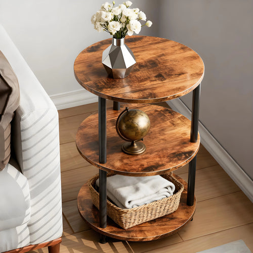 3-Tier Round End Table – Narrow Accent Table, Rustic Brown for Bedroom & Small Spaces
