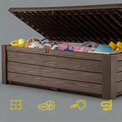 Outdoor Storage & Bench Box – 150 Gallon, Lockable Lid, Durable Resin, Brown