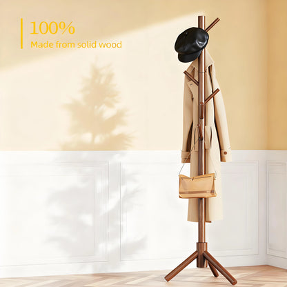 Wood Coat Tree – 8 Hooks, Adjustable, Ideal for Entryway, Bedroom & Office Use