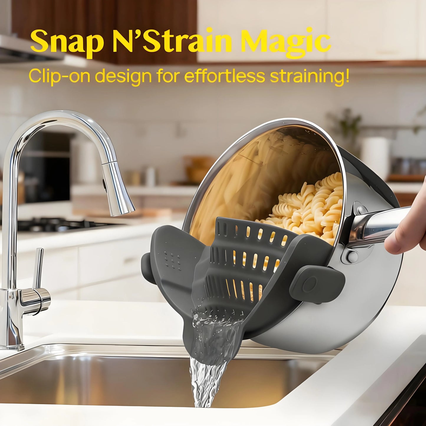 Snap-On Pasta Strainer – Heat Resistant, Space-Saving Colander for Pots & Pans