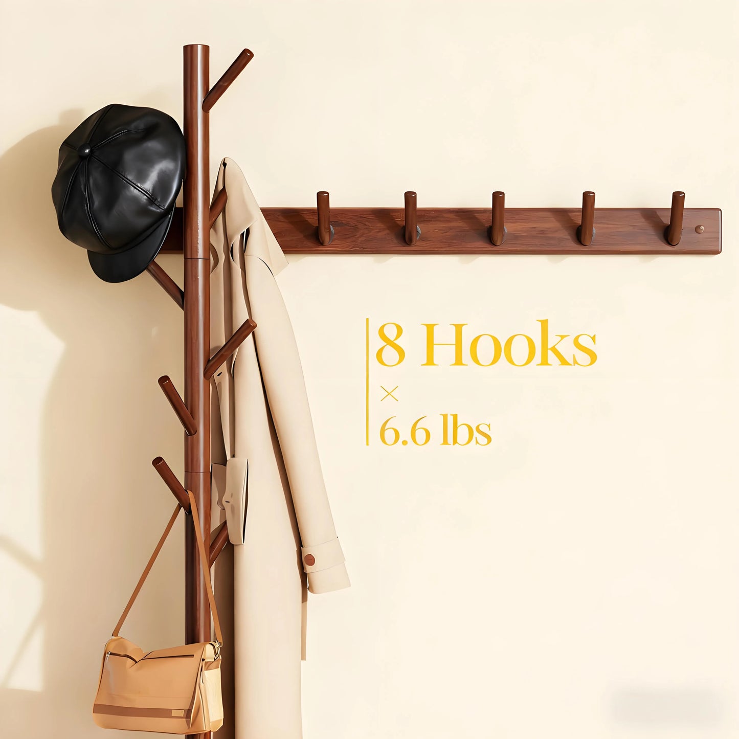 Wood Coat Tree – 8 Hooks, Adjustable, Ideal for Entryway, Bedroom & Office Use