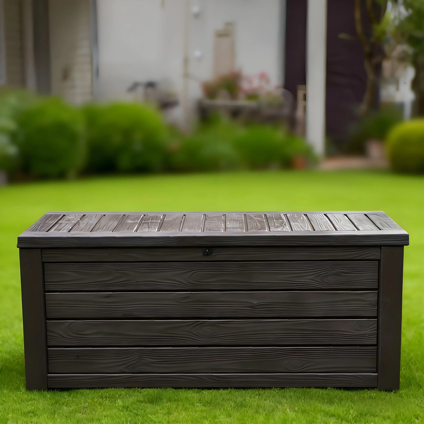 Outdoor Storage & Bench Box – 150 Gallon, Lockable Lid, Durable Resin, Brown