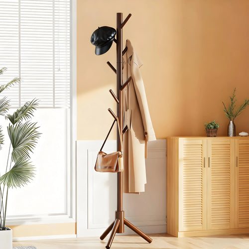 Wood Coat Tree – 8 Hooks, Adjustable, Ideal for Entryway, Bedroom & Office Use